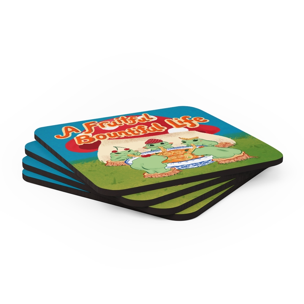 Fruity Frogs Eating Noodles Corkwood Coaster Set - Image 3