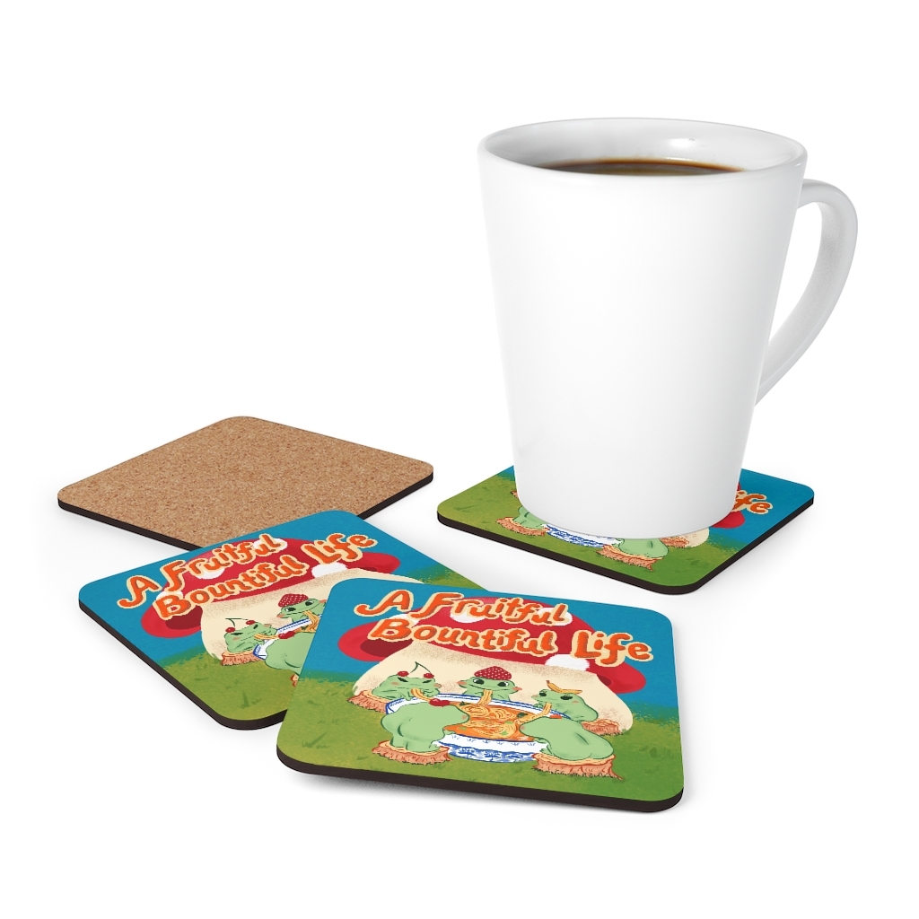 Fruity Frogs Eating Noodles Corkwood Coaster Set - Image 4