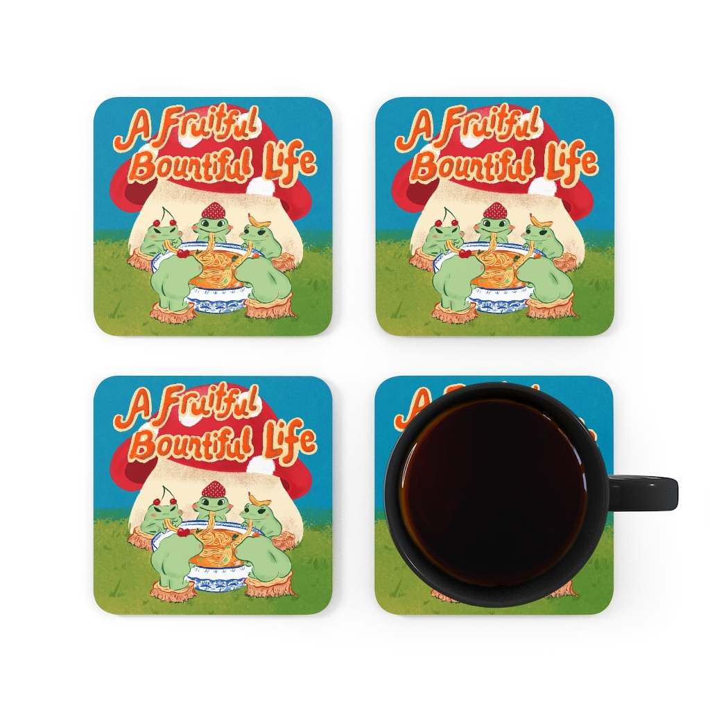 Fruity Frogs Eating Noodles Corkwood Coaster Set - Image 5