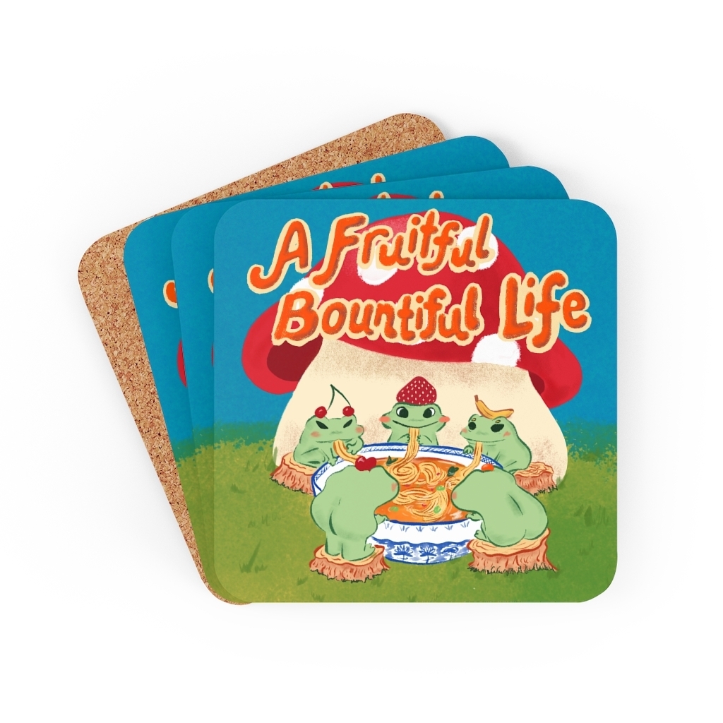 Fruity Frogs Eating Noodles Corkwood Coaster Set - Image 6